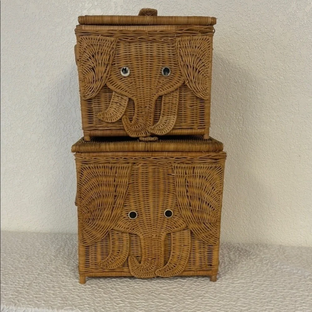 Two Adorable Vintage Elephant Design Wicker Storage Trunks/Baskets - Brown